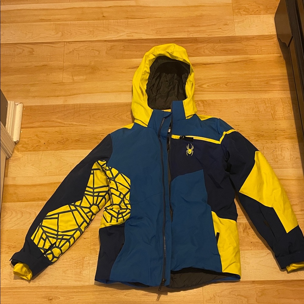 Spyder Kids Blue and Yellow Geometric ski Jacket- Size 16